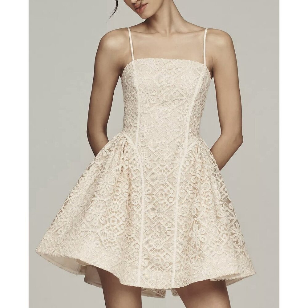 NWT Size 8 - Anthropologie Lace Basque-Waist Mini Dress in Beige (NWT US$ 268) - Picture 1 of 16